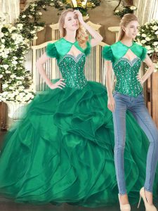 Dark Green Ball Gowns Tulle Sweetheart Sleeveless Beading and Ruffles Floor Length Lace Up 15th Birthday Dress