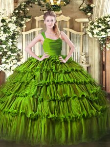 Floor Length Olive Green Quinceanera Dress Organza Sleeveless Ruffled Layers