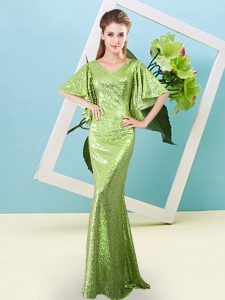 Pretty Floor Length Mermaid Half Sleeves Yellow Green Prom Party Dress Zipper