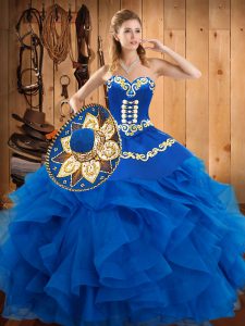 Blue Sleeveless Satin and Organza Lace Up Ball Gown Prom Dress for Military Ball and Sweet 16 and Quinceanera