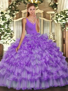 Customized Lavender Organza Backless V-neck Sleeveless Floor Length Sweet 16 Dresses Ruffled Layers