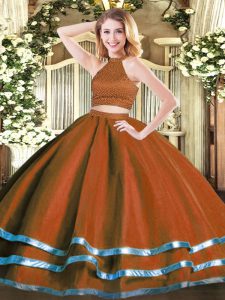 Rust Red Backless Halter Top Beading Quinceanera Gowns Tulle Sleeveless