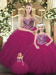 Dynamic Organza Sweetheart Sleeveless Lace Up Beading and Ruffles Sweet 16 Quinceanera Dress in Fuchsia