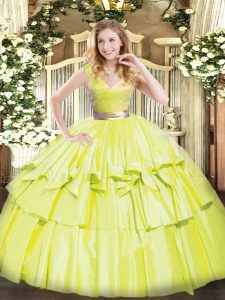 Excellent Yellow Green V-neck Zipper Beading and Ruffled Layers Quince Ball Gowns Sleeveless