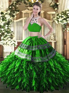 Custom Fit Green Tulle Backless High-neck Sleeveless Floor Length Vestidos de Quinceanera Beading and Ruffles