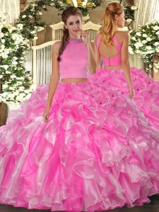 Dynamic Floor Length Two Pieces Sleeveless Rose Pink Quinceanera Dresses Backless