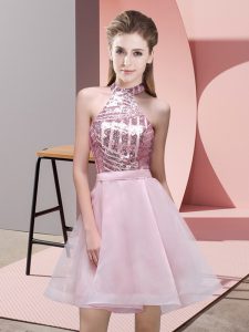 Pink Chiffon Backless Quinceanera Court Dresses Sleeveless Mini Length Sequins