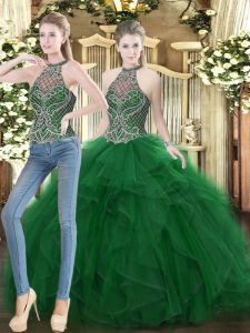 Custom Fit Dark Green Two Pieces High-neck Sleeveless Organza Floor Length Lace Up Beading and Ruffles 15th Birthday Dress