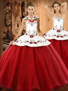Top Selling Floor Length Wine Red Ball Gown Prom Dress Satin and Tulle Sleeveless Embroidery