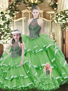 Free and Easy Green Halter Top Lace Up Beading and Ruffled Layers Sweet 16 Quinceanera Dress Sleeveless