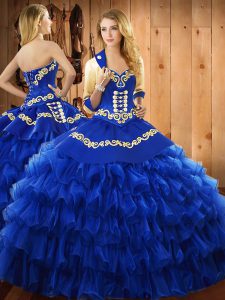 Modest Blue Satin and Organza Lace Up Ball Gown Prom Dress Sleeveless Floor Length Embroidery and Ruffled Layers