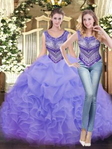 Lavender Lace Up Scoop Beading and Ruffles Quinceanera Gown Tulle Sleeveless