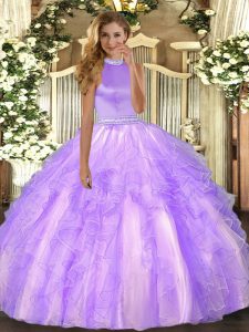 Affordable Sleeveless Floor Length Beading and Ruffles Backless Quinceanera Gown with Lavender