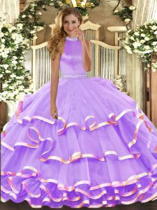 Ball Gowns 15 Quinceanera Dress Lavender Halter Top Organza Sleeveless Floor Length Backless