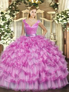 Ideal Lilac Ball Gowns Organza V-neck Sleeveless Ruffled Layers Floor Length Zipper Quinceanera Gown