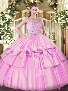 High End Floor Length Zipper Quinceanera Gown Lilac for Military Ball and Sweet 16 and Quinceanera with Beading and Ruffled Layers