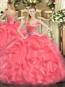 Coral Red Sleeveless Tulle Zipper Ball Gown Prom Dress for Military Ball and Sweet 16 and Quinceanera