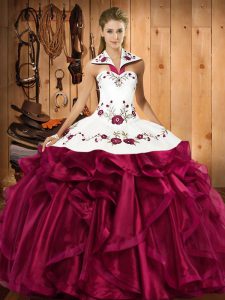 Affordable Fuchsia Ball Gowns Halter Top Sleeveless Satin and Organza Floor Length Lace Up Embroidery and Ruffles Quinceanera Dress