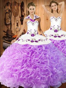 Halter Top Sleeveless Sweet 16 Dress Floor Length Embroidery Lilac Fabric With Rolling Flowers