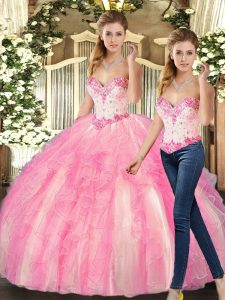 Rose Pink Organza Lace Up Sweetheart Sleeveless Floor Length Quinceanera Dress Beading and Ruffles
