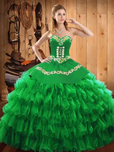 High End Green Ball Gowns Embroidery and Ruffled Layers 15th Birthday Dress Lace Up Satin and Organza Sleeveless Floor Length