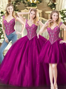 Floor Length Fuchsia Quinceanera Dress V-neck Sleeveless Lace Up