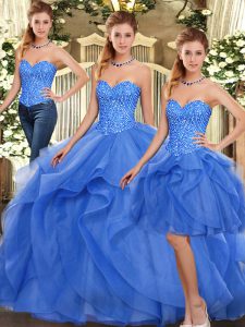 Extravagant Blue Organza Lace Up Ball Gown Prom Dress Sleeveless Floor Length Ruffles