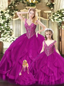 Nice Fuchsia Tulle Lace Up Sweet 16 Dress Sleeveless Floor Length Beading and Ruffles