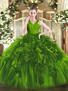 Floor Length Zipper 15th Birthday Dress Olive Green for Military Ball and Sweet 16 and Quinceanera with Ruffles