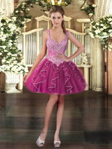 Dramatic Straps Sleeveless Prom Gown Mini Length Beading and Ruffles Fuchsia Organza