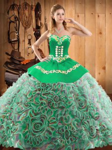 Customized Satin and Fabric With Rolling Flowers Sleeveless With Train Quinceanera Dresses Sweep Train and Embroidery
