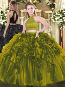 Olive Green Backless Halter Top Beading and Ruffles Quince Ball Gowns Organza Sleeveless