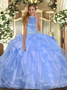 Blue Ball Gowns Beading and Ruffles Sweet 16 Quinceanera Dress Backless Organza Sleeveless Floor Length