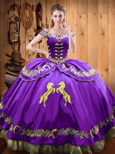 Eye-catching Satin and Organza Off The Shoulder Sleeveless Lace Up Beading and Embroidery Quinceanera Gown in Purple