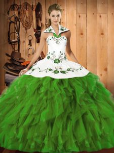 Olive Green Sleeveless Embroidery and Ruffles Floor Length Sweet 16 Dress