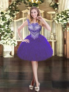 Purple Organza Zipper Prom Dress Sleeveless Mini Length Beading and Ruffles