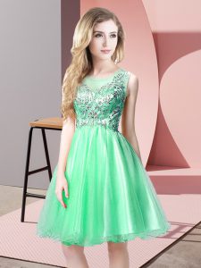 Knee Length Apple Green Prom Dress Tulle Sleeveless Beading