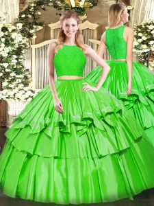 Flirting Floor Length Zipper Sweet 16 Dress Green for Military Ball and Sweet 16 and Quinceanera with Ruffled Layers
