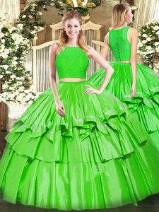 Flirting Floor Length Zipper Sweet 16 Dress Green for Military Ball and Sweet 16 and Quinceanera with Ruffled Layers