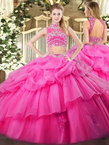 High Quality Hot Pink Two Pieces Beading and Ruffles and Pick Ups Quinceanera Gowns Backless Tulle Sleeveless Floor Length