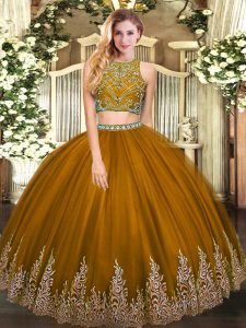Brown Sleeveless Tulle Zipper Quince Ball Gowns for Military Ball and Sweet 16 and Quinceanera