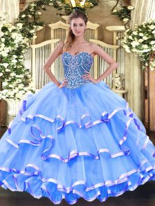 Baby Blue Sleeveless Organza Lace Up Quinceanera Dress for Military Ball and Sweet 16 and Quinceanera