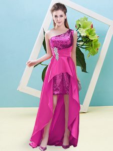 Fine One Shoulder Sleeveless Lace Up Prom Evening Gown Fuchsia Elastic Woven Satin and Sequined
