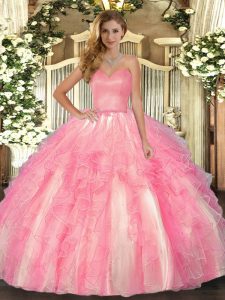 Rose Pink Ball Gowns Organza Sweetheart Sleeveless Ruffles Floor Length Lace Up Sweet 16 Quinceanera Dress