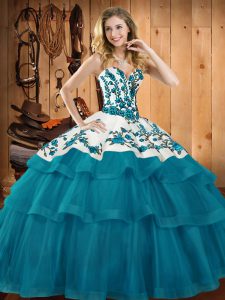 Teal 15th Birthday Dress Military Ball and Sweet 16 and Quinceanera with Embroidery Sweetheart Sleeveless Sweep Train Lace Up