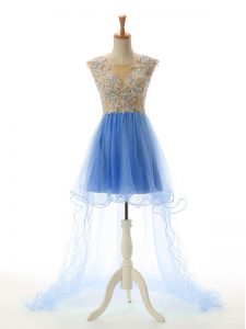 Sleeveless Tulle High Low Backless Prom Dress in Baby Blue with Appliques