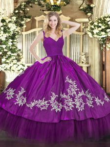 Floor Length Backless Quinceanera Dresses Fuchsia for Military Ball and Sweet 16 and Quinceanera with Beading and Lace and Appliques