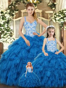 Exquisite Floor Length Lace Up Vestidos de Quinceanera Teal for Military Ball and Sweet 16 and Quinceanera with Beading and Ruffles