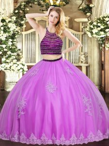 Hot Sale Lilac Tulle Zipper Halter Top Sleeveless Floor Length Quinceanera Gown Beading and Appliques