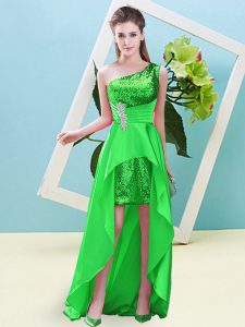 Chic Green Elastic Woven Satin and Sequined Lace Up One Shoulder Sleeveless High Low Prom Evening Gown Beading and Sequins